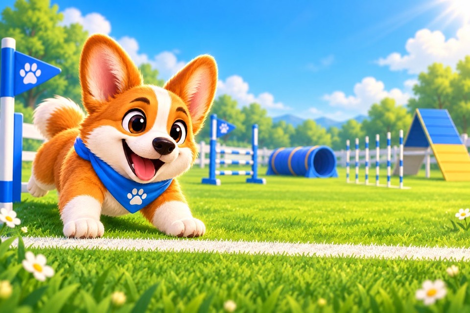 Pip the corgi bounding across an agility field, trailing a path of word tiles